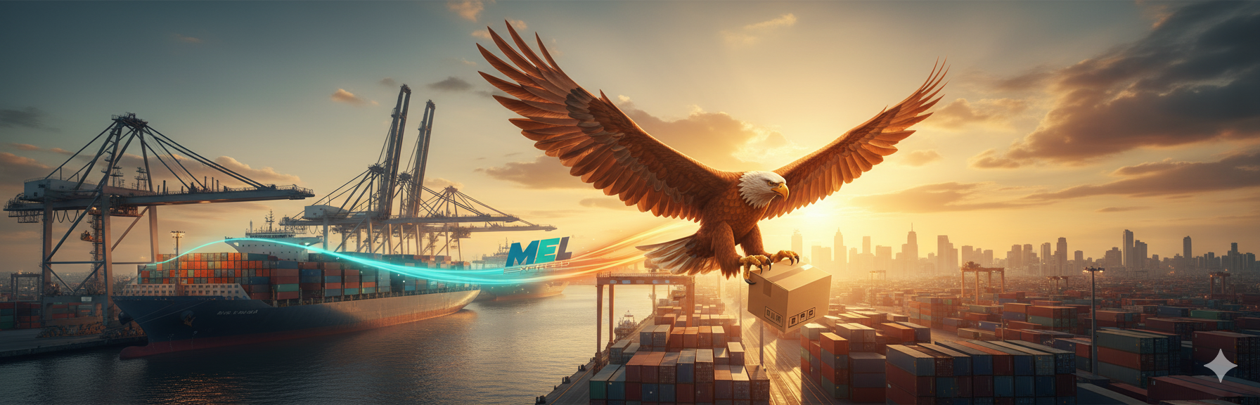 Eagle flying over shipping port at sunrise