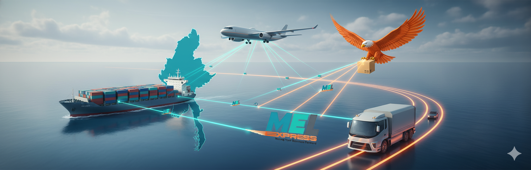 Global logistics network connecting ship, plane, and truck